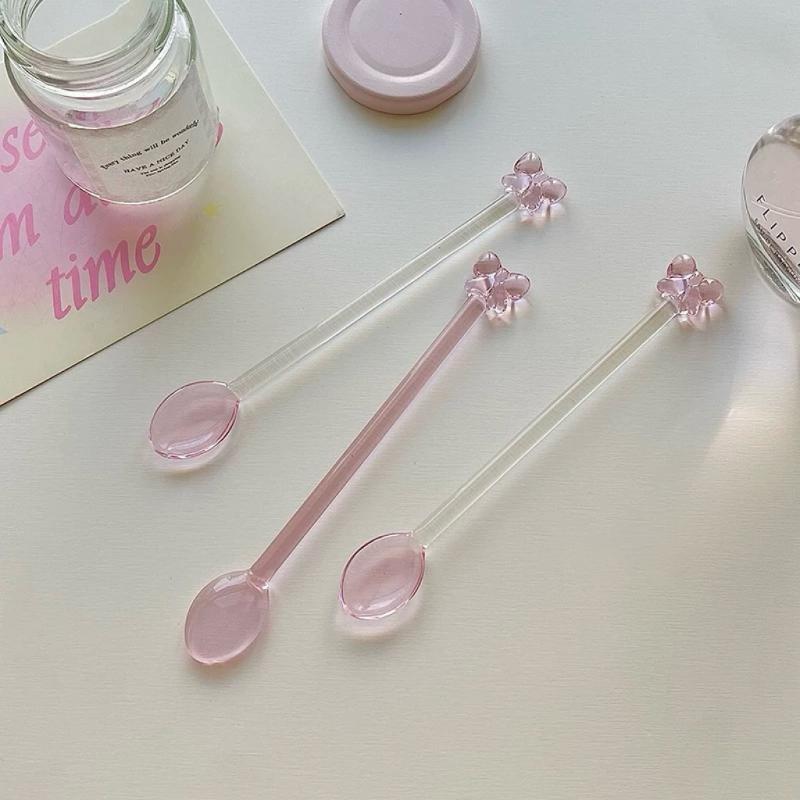 Tea Coffee Utensils - Roze met strik versierde glazen koffielepel,