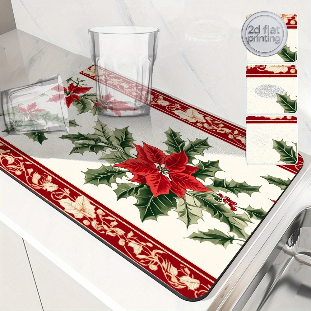 Tea Coffee Utensils - 1pc Kerst Poinsettia Holly Absorberende Mat,